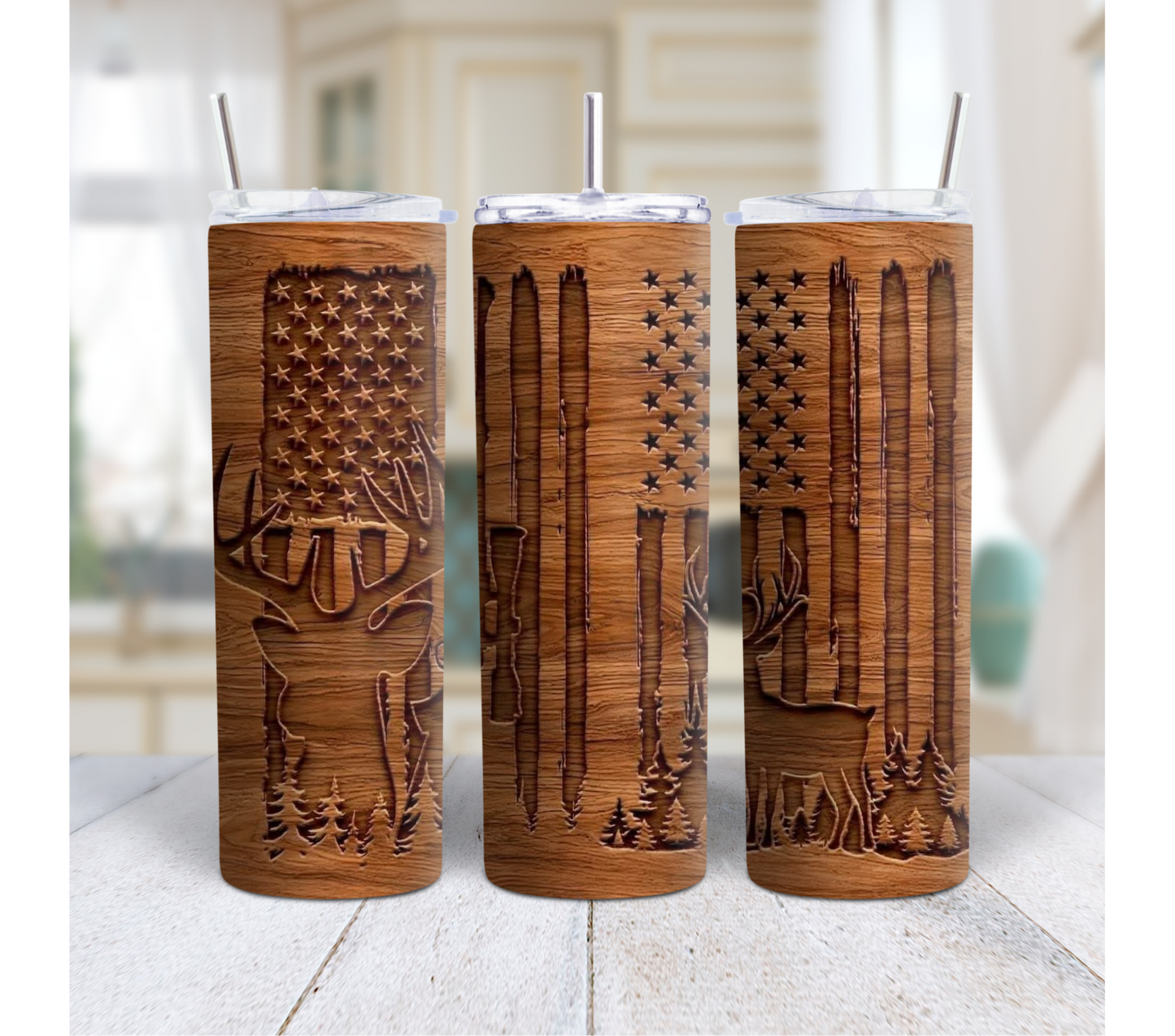 Rustic Deer & American Flag 20oz Stainless Steel Tumbler – Hunting & Outdoors Gift