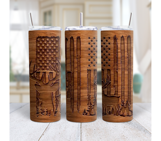 Rustic Deer & American Flag 20oz Stainless Steel Tumbler – Hunting & Outdoors Gift